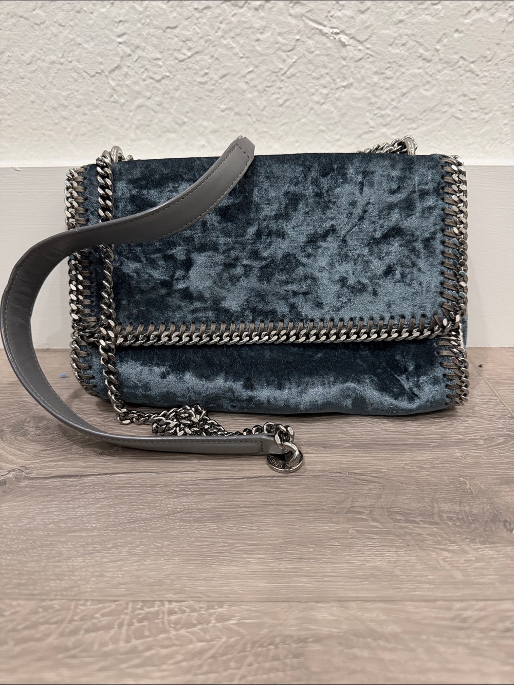 Stella McCartney Velvet Chain-Trim Shoulder Bag in Slate Blue